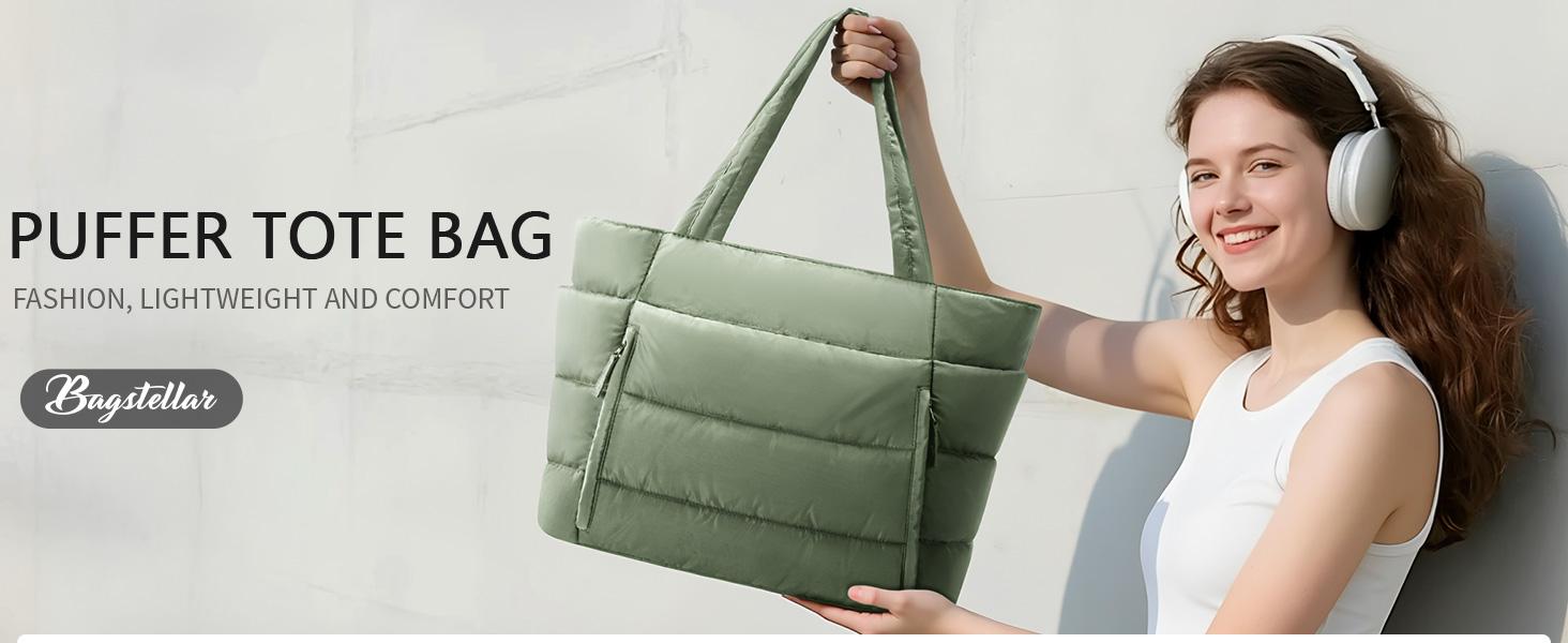 Bagstellar Puffer Tote Bag for Women with Makeup Bag, Large Work Tote Laptop Bag, Lightweight Travel Tote Bag with Zipper Gifts for Women Teacher Nurse Quilted Shoulder Bag for School Gym