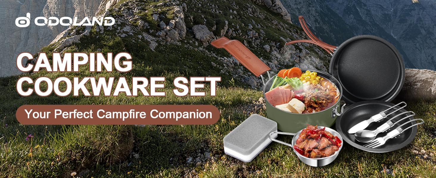 Odoland 10pcs Camping Cookware Non-Stick Camping Pot and Pan Set with Plate Bowl Fork Knife Spoon for Backpacking, Hiking, Outdoor Cooking and Picnic