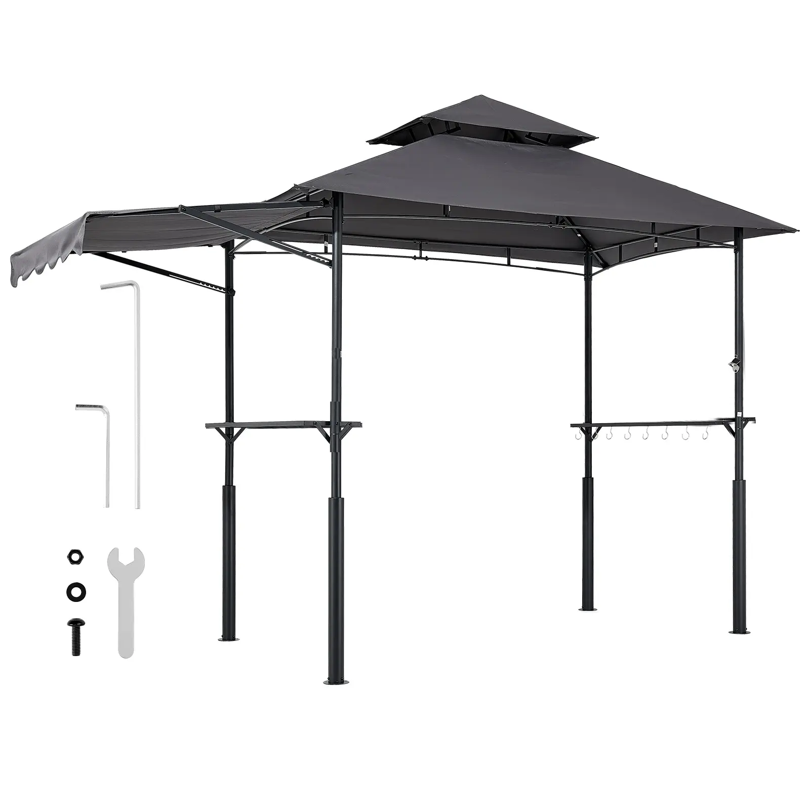 Dufominc 8'x5' Double-Tiered Metal BBQ Grill Gazebo, Rustproof Sturdy Q235 Steel Frame, Waterproof UV Resistant Canopy, Smoke-Vent Roof, Built-In Prep Shelf, Attached Side Awning, Hanging Hooks, Ground Plates, Cover for 2-4 Adults' Outdoor Gatherings
