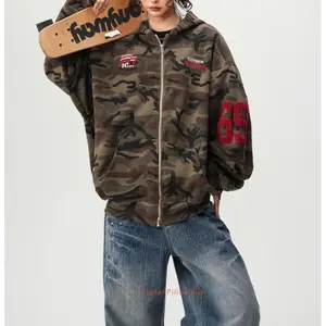 Spring and Autumn Unisex Towel Embroidered Camouflage Hoodie Zipper Sweatshirt, Loose and Lazy Zipper Cardigan Jacket