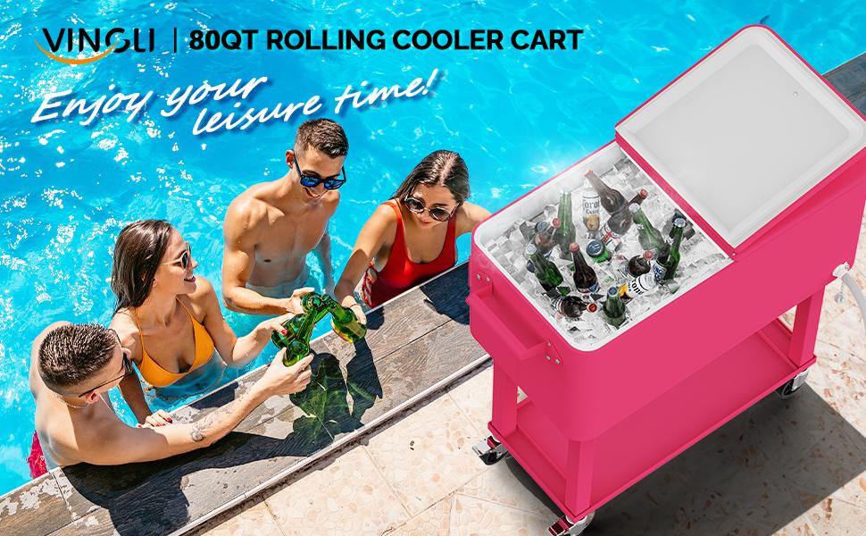 VINGLI 80 Quart Rolling Ice Chest, Portable Patio Party Bar Drink Cooler Cart, with Shelf, Beverage Pool with Bottle Opener VINGLI 80 Quart Rolling Ice Chest, Portable Patio Party Bar Drink Cooler Cart, with Shelf, Beverage Pool with Bottle Opener