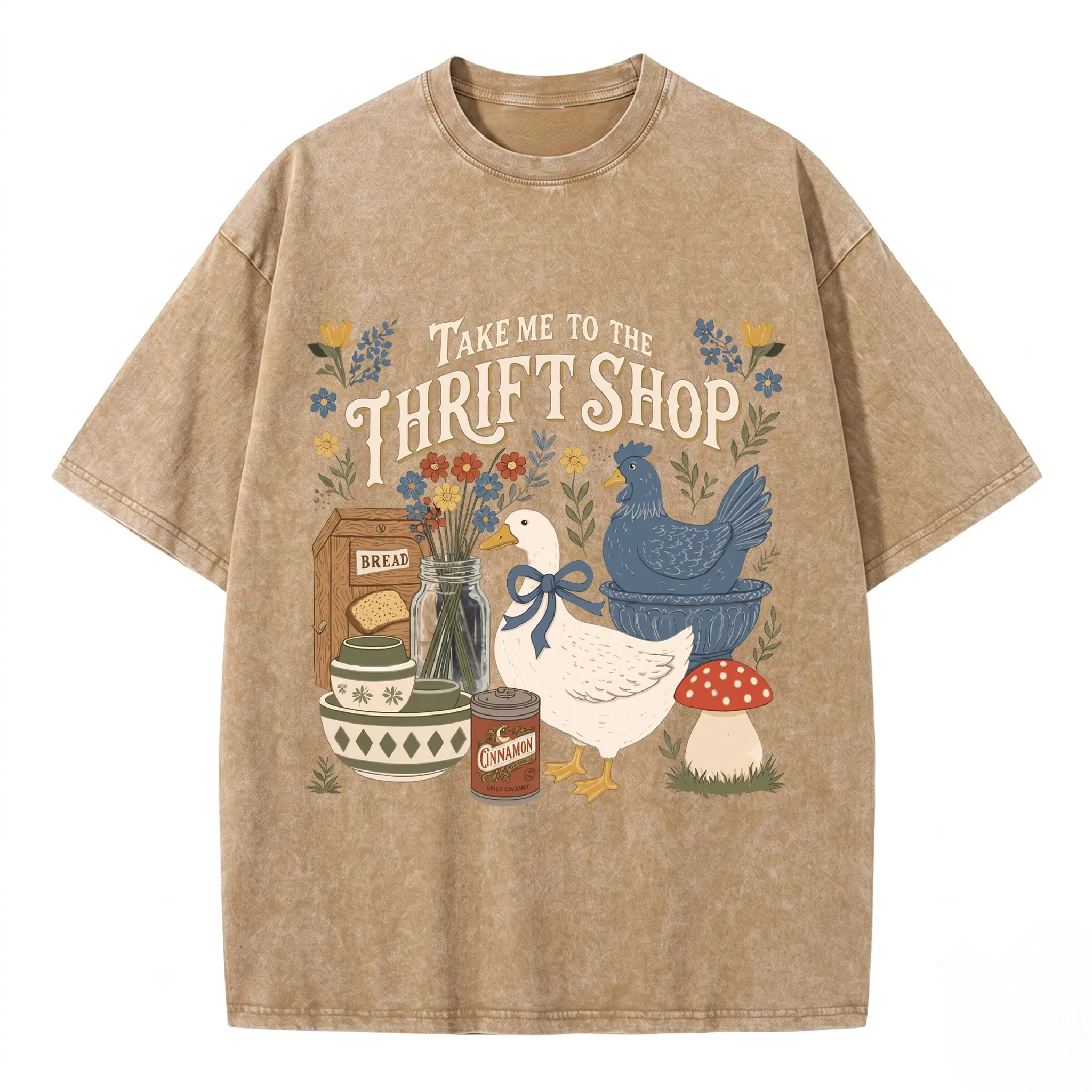 Vintage Washed Blue Cotton Graphic Tee - "Take Me To The Thrift Shop" Cottagecore T-Shirt with Cute Goose, Mushroom & Floral Print - Y2K Retro Oversized Unisex Top - Perfect Casual Streetwear Essential