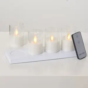 Moving Flameless LED White Glass Rechargeable Votive Candles with Remote - Set of 4