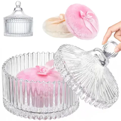 3 Pcs Large Body Powder Puff and Container Valentine's Day gift Powder Container with Puff Crystal Case Soft Washable Reusable Velour Face Body Glitter Wet Dry Makeup