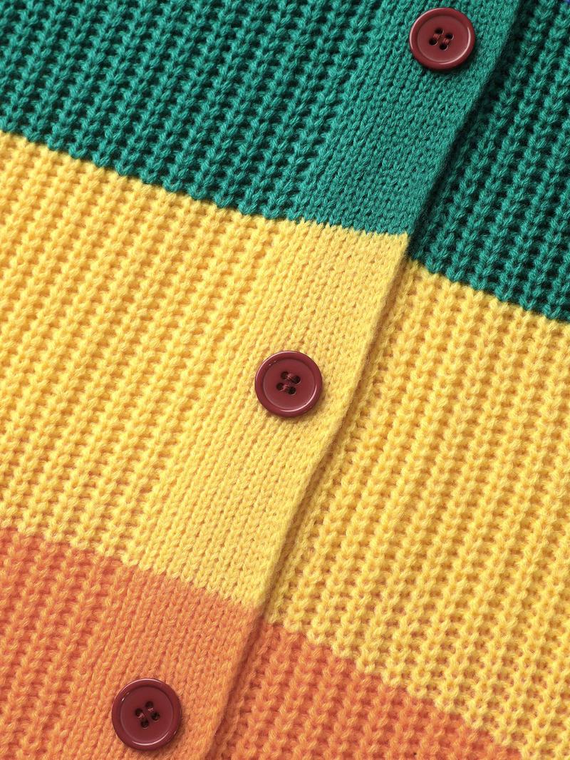 【Super Soft】BLOOMCHIC 2026 Valentine's Gift for Cruise Colorblock Contrast Texture Button Cardigan Long Sleeve V-Neck Fitted Casual Winter Multicolor Geometric Print Acrylic Women's Knitwear Vneck Womenswear