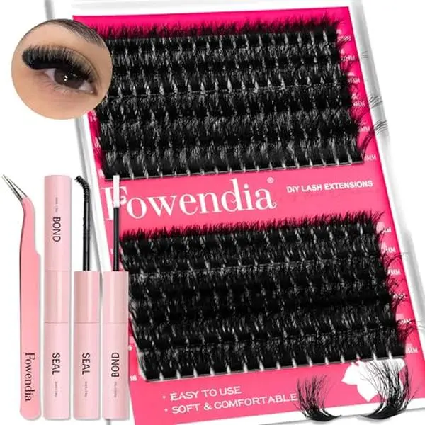 Fowendia Lash Clusters Kit Fluff 80D 100D Individual Lashes D Curl Cluster Eyelash Extensions 10-18mm DIY Lash Extension Kit Lash Bond and Seal Waterproof, Lash Applicator, Thick False Eyelashes Kit