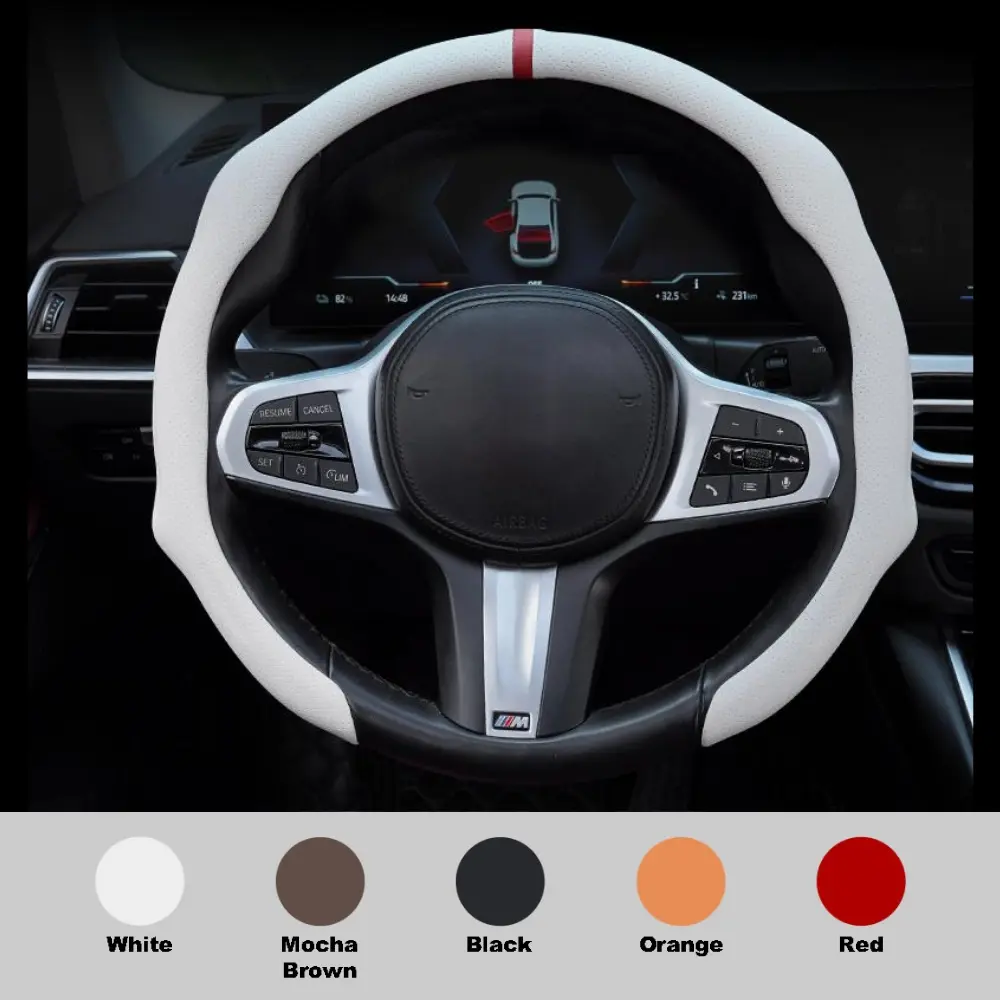 SUPEREVER Napa Leather 15Inch 5D Premium Steering Wheel Cover, Ultra-Thin Breathable Anti-Slip Sweat-Resistant, Easy-Install Universal Fit Auto Accessories for Car Interior Decor Driving Safety & Comfort
