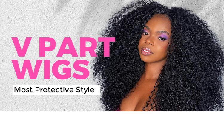 CurlyMe V Part Wig Kinky Straight Hair Glueless Wig Pre-plucked Natural Black 180% Human Hair Medium 22.5 Inch Cap USPS Shipping in 48H