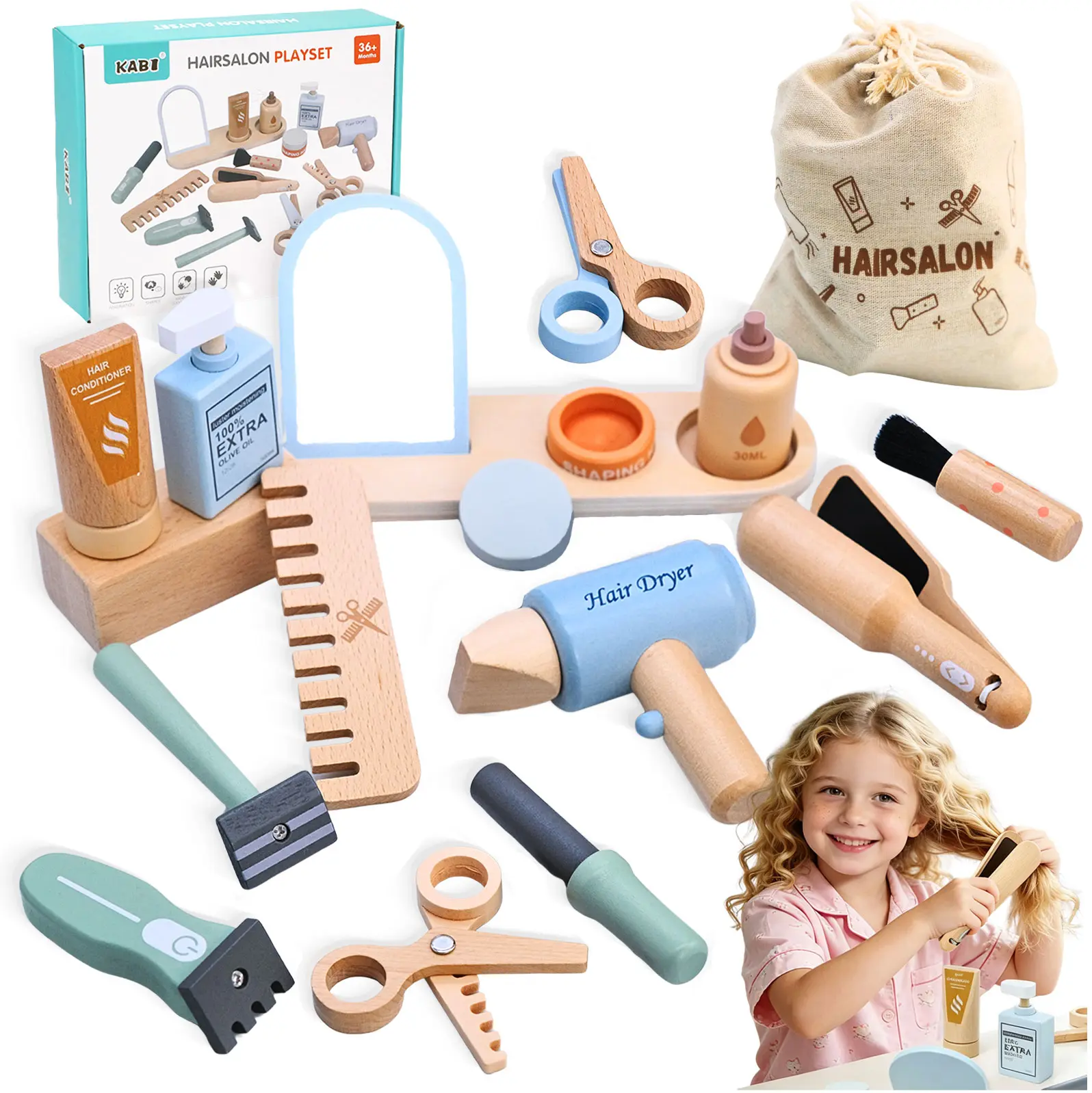 Potatomato Hair Salon Toys - Kids Pretend Play -Beauty Salon Hair Kit - Functional Stylist Accessories with Hair Dryer Curling Iron - Christmas & Birthday Gift for Children