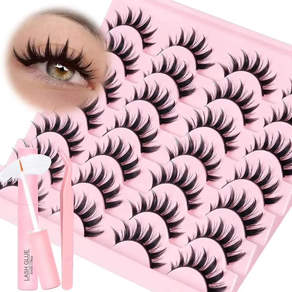 8D Fluffy Volume Cluster Eyelash Kit with Glue and Tweezers, 14 Pairs Spiky False Eyelashes for DIY Makeup, Wispy Style for Anime Look, Fluffy Volume Eyelashes, Manga Lashes, Cosmetic, Dramatic Lashes, Imported Fibers, Handmade Lashes