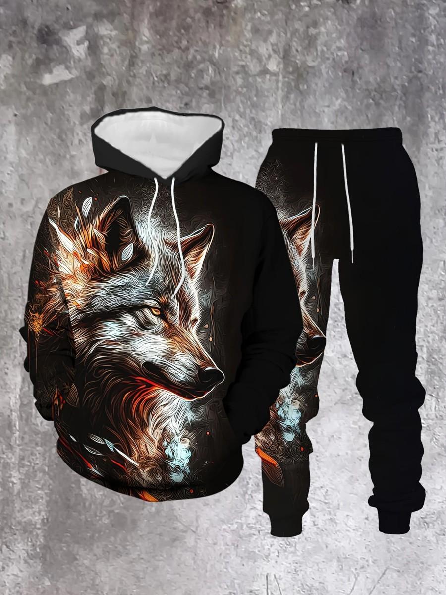 Men's casual 2-piece set, lion ink print hoodie and sweatpants, spring and autumn fashion outfit