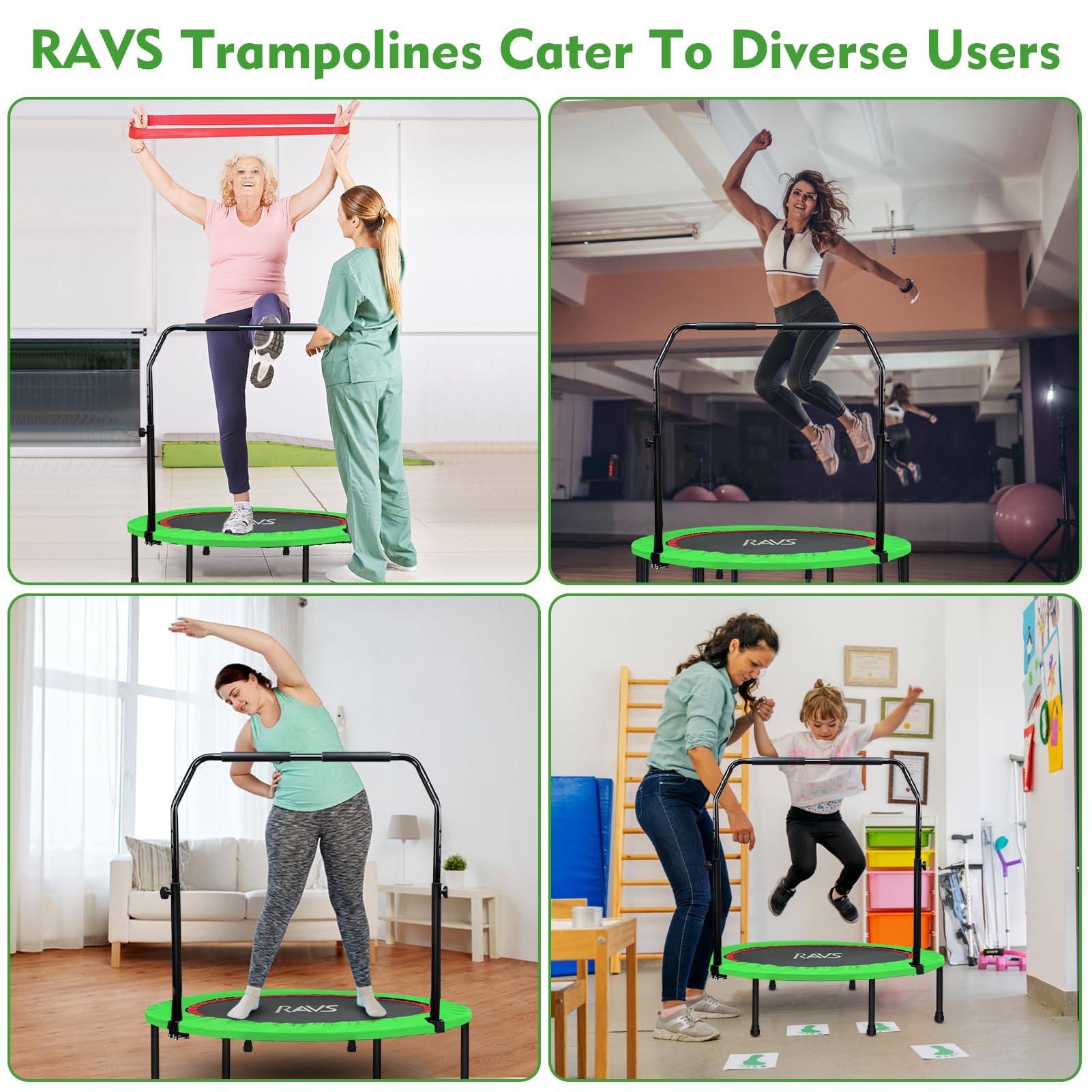 RAVS 40" Mini Trampoline Foldable for Adults 450LBS Fitness with Bungees Adjustable Bar Sturdy Steel Frame 5-Level Height-Adjustable Handrail Easy Assembly Indoor Outdoor