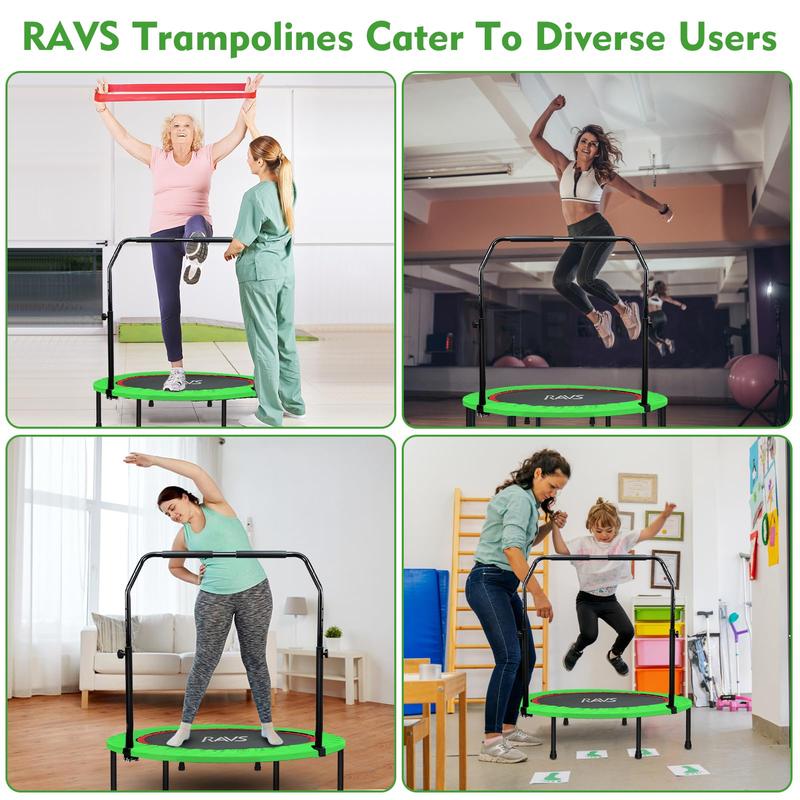 RAVS 40" Mini Trampoline Foldable for Adults 450LBS Fitness with Bungees Adjustable Bar Sturdy Steel Frame 5-Level Height-Adjustable Handrail Easy Assembly Indoor Outdoor