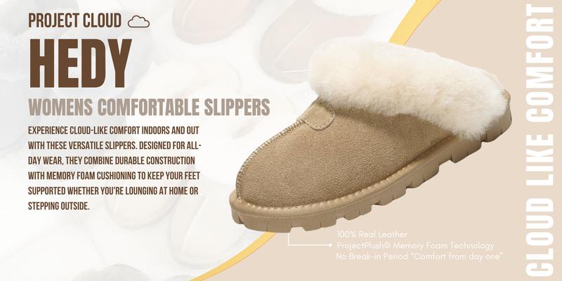Project Cloud Women's | 100% Genuine Leather & Natural Fur Lining Fuzzy Women Slippers Lightweight Non-Slip Woman Slipper  Active Girl Footwear Walking Shoes - Hedy