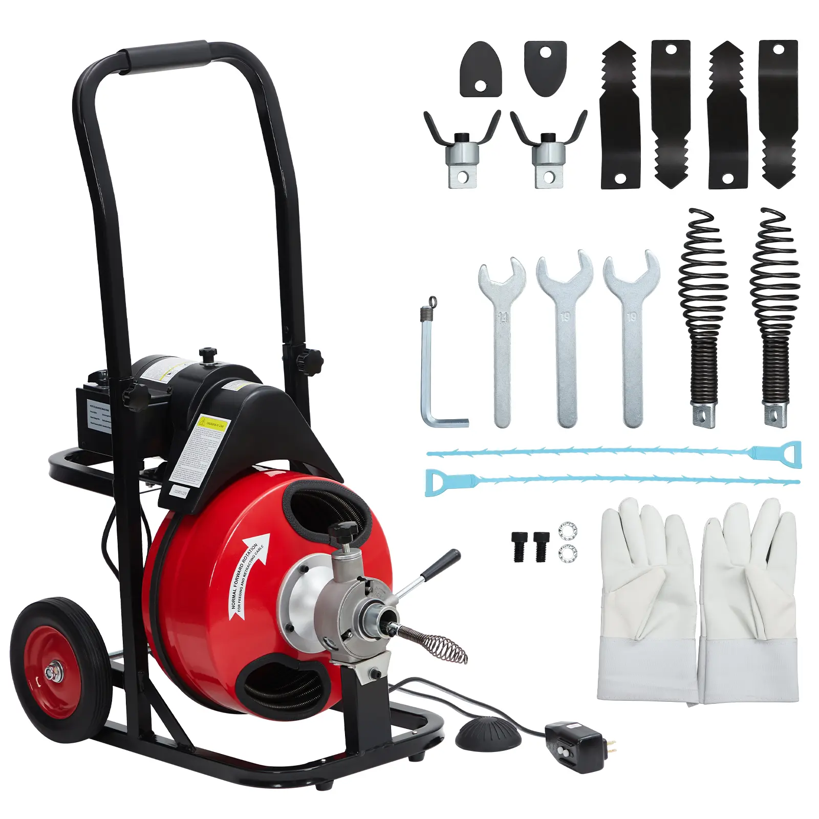GARVEE Professional Electric Drain Cleaning Machine - 100 ft 3/8" Auto-Feed Sewer Auger, 370W Motor, 8 Cutter Heads, Air-Foot Switch, Gloves, 110V, 3/8"-1/2" Cables, Heavy Duty Tool for 1"-4" Pipe Clearing, Hair Clog Removal