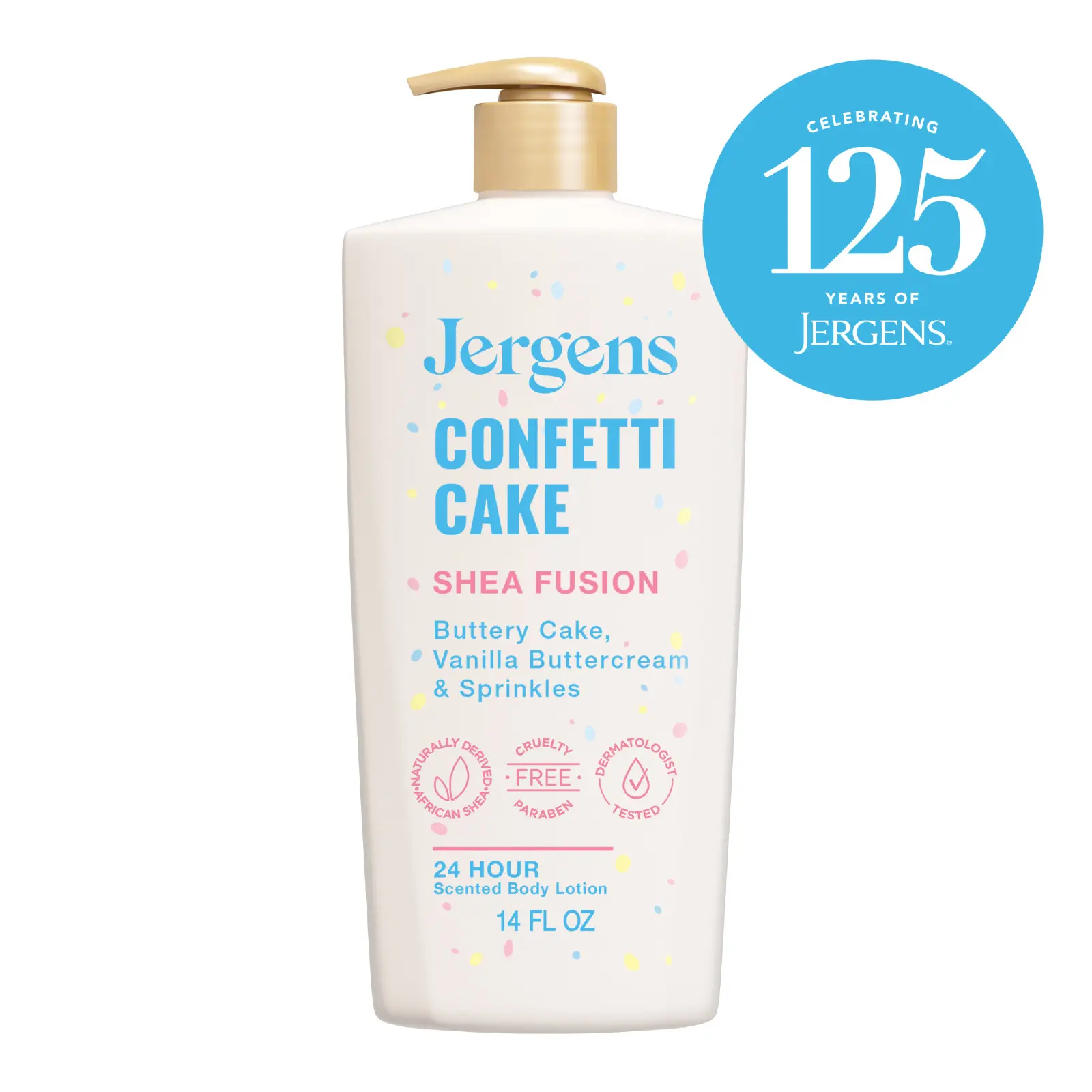Jergens Shea Fusion Confetti Cake Body Lotion for Dry Skin, Moisturizing Body Lotion with Shea Butter and Vitamin E, 14 fl oz