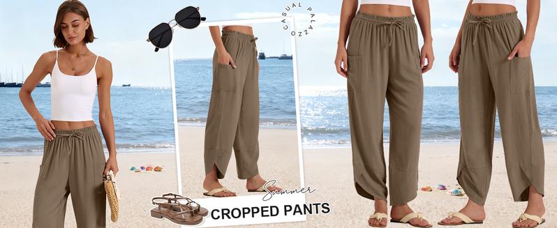 WoodBerry Women's Linen Wide Leg Pants Bohemian Style Loose Casual Capri Pants Summer Lightweight Breathable Elastic Waist Harem Lounge with Pockets
