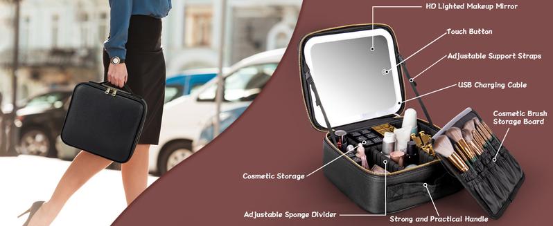 Makeup Bag with LED Mirror, Small Travel Makeup Case with Rechargeable Lighted Mirror 3 Color Lights, Double Layer Cosmetic Box Makeup Brush Lipstick Holder Organizer for Women, Black