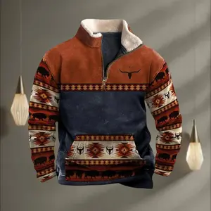 Mens Aztec Cowboy Hoodies Vintage Bull Head Print Western Sweatshirt for Men Casual Long Sleeve 1/4 Zip Pullover Menswear Clothing Fitted Medium Stylish Sweaters Tops Underwear Human Longsleeves