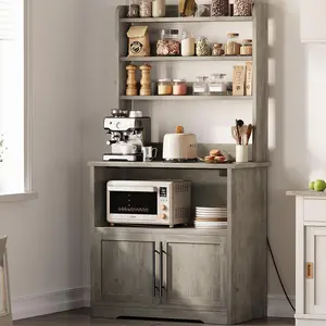 Retro Gray Bakers Rack With Storage Cabinet, Microwave Stand With Power Outlets, Farmhouse pantry cabine With Thick Table Top, Small Kitchen Pantry Hutch Bakers Rack for Kitchen,Dining Room