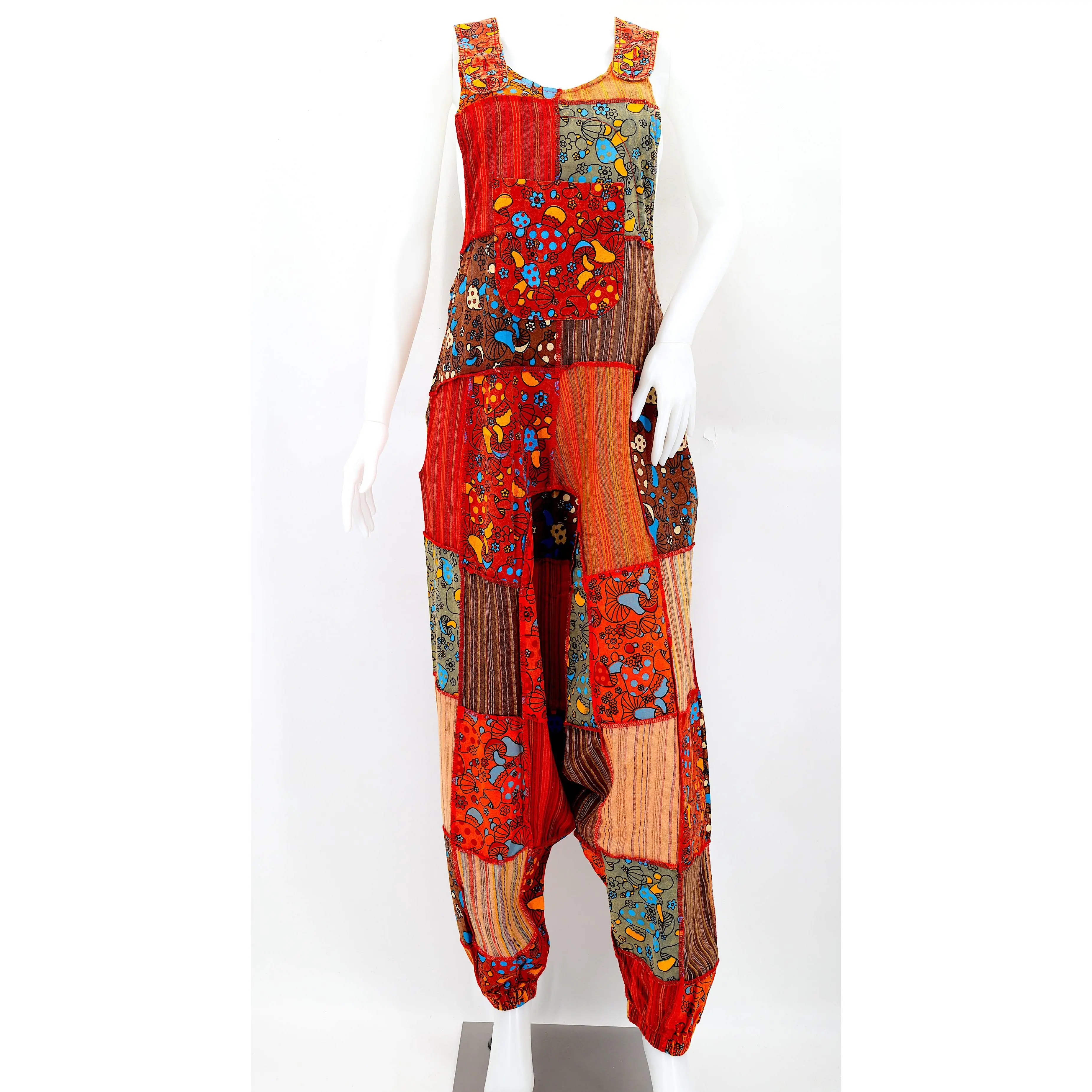 Mushroom Print Drop Crotch Overalls | Patchwork Cotton Jumpsuit