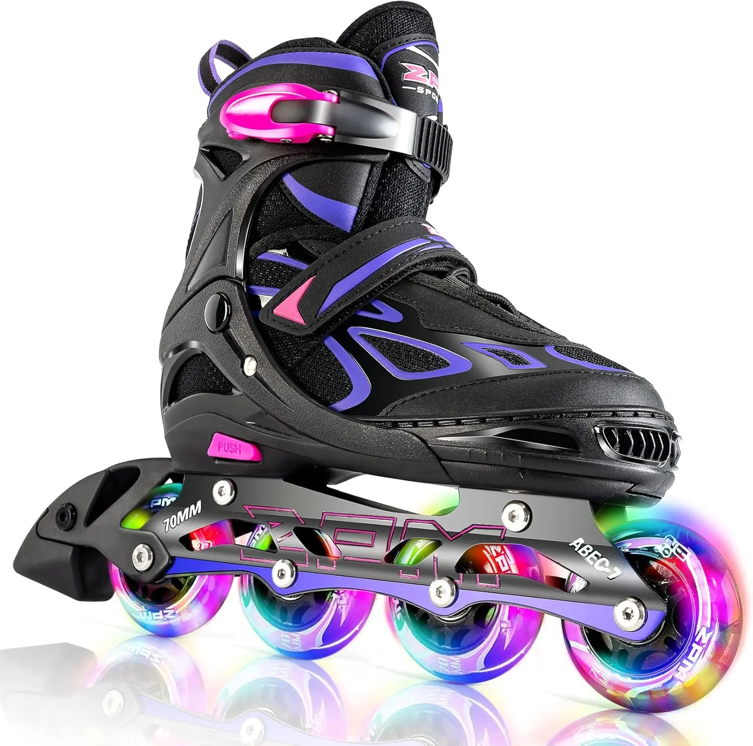 2PM SPORTS Vinyl Adjustable Flashing Inline Skates - All Wheels Light Up, Rollerblade-Style Casual Men's Roller Skates with Colored LED Wheels for Kids, Women, Adults, Colored Led Wheels Men's Roller Skates