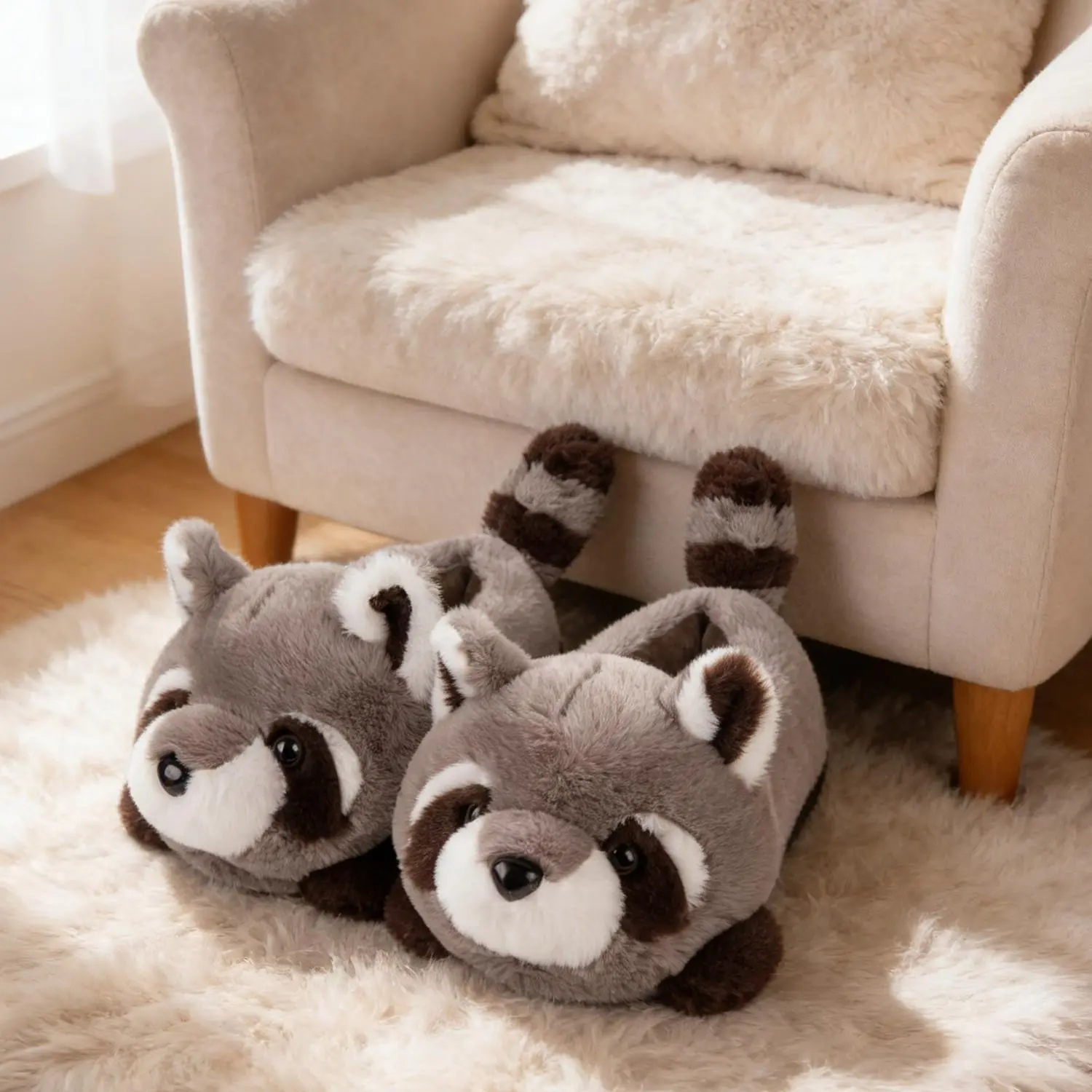 Women's Cute Raccoon Plush Slippers, Fashionable Soft Fuzzy Fashion Slippers, Cozy Animal-Themed House Shoes, Warm Indoor Footwear, Fashionable Soft Slippers
