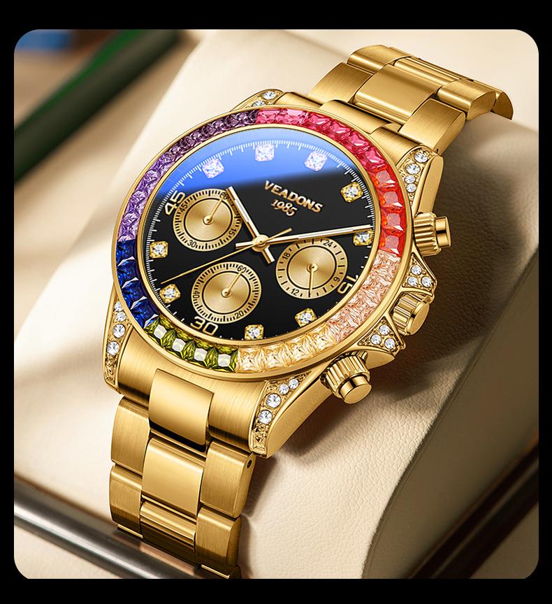 VEADONS Men's Business Fashion Rhinestone Decorated AnalogQuartz Watch Rainbow Crystal Chronograph Quartz Movement Luminous Date WaterResistant for Party Daily Wear Birthday Gift with Box