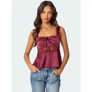 Women Babydoll Tank TopsLace Trim Square Neck Sleeveless Backless Crop Shirt Summer Streetwear Women Lace Satin Patchwork Tank Tops Babydoll Camisole Slim Lace Trim Square Neck Wide Strap Sleeveless Backless Summer Going Out Cropped Tops
