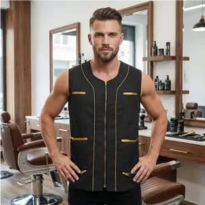 Premium Men's Barber Smock Vest | Black with Gold Trim & 6 Pockets