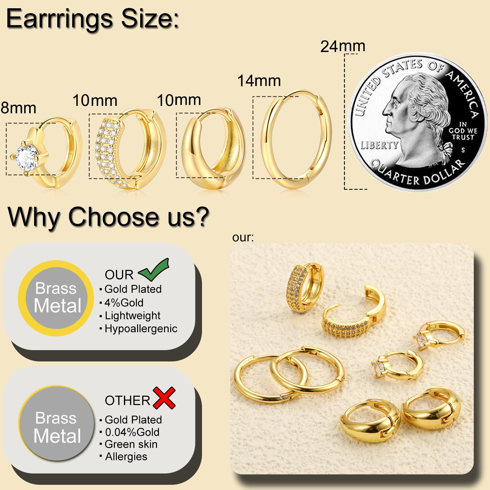 17KM 8pcs Small Gold Hoop Earrings for Women, 14K Gold Plated, Lightweight, Hypoallergenic Huggie Hoops for Multiple Piercing