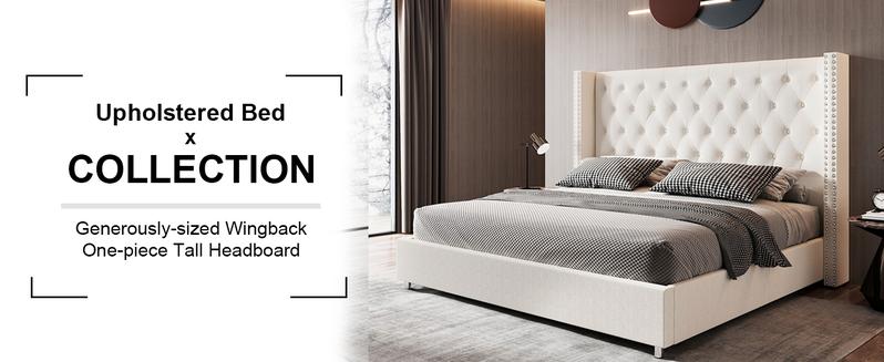 AMERLIFE Bed Frame with Wingback Headboard, Upholstered Velvet Bed with Tufted Diamond Button/No Box Spring Needed/Easy Assembly/Christmas Gift