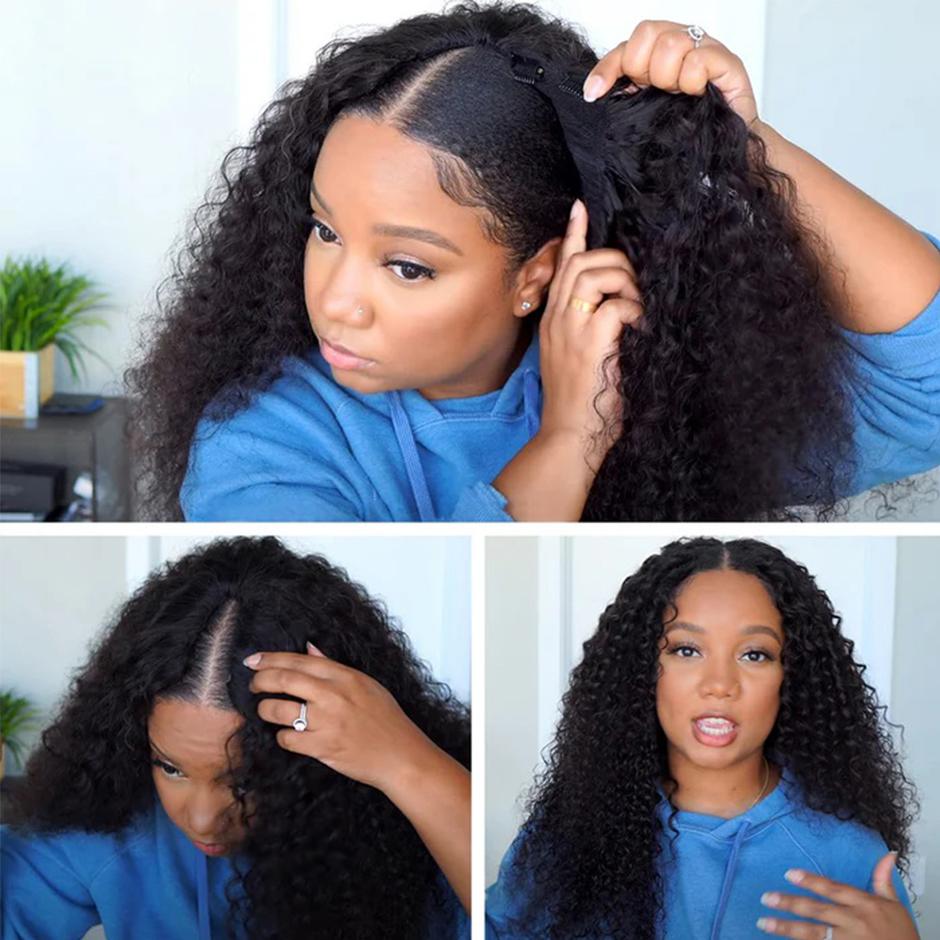 MORE FACE V Part Bob Wig Glueless Kinky Curly Human Hair Wigs With No Leave Out 180% Density Curly Human Hair Wigs Beginners Friendly