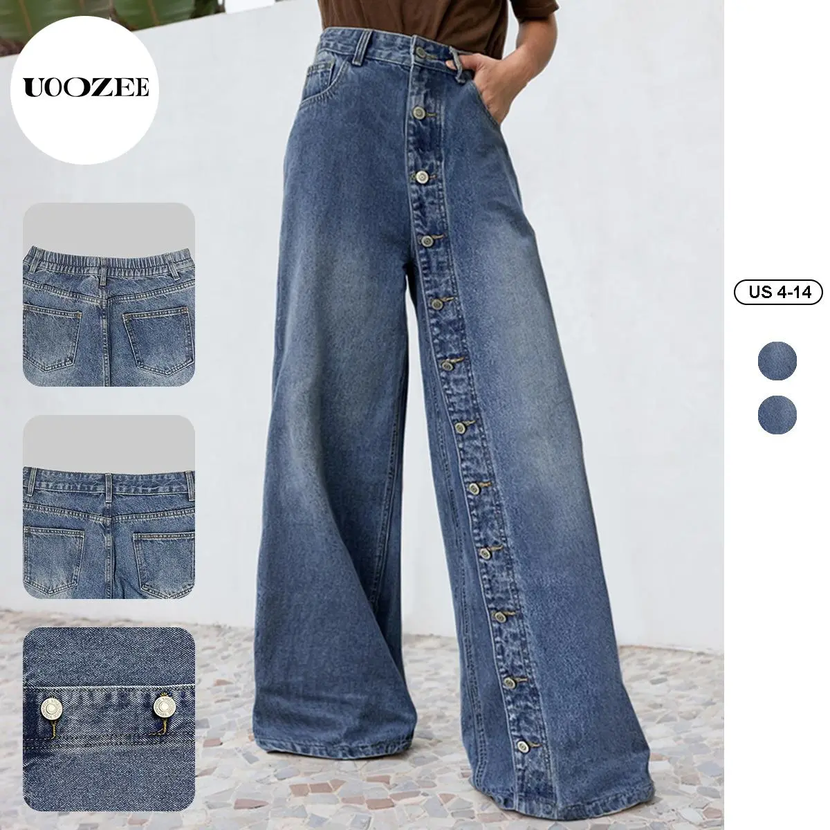 UOOZEE Women's High-Waist Wide-Leg Basic Jeans - Breathable Cotton-Polyester-Elastane Blend Denim Bottoms with Elastic Back Waist, Button Closure, Comfortable Loose Cut That Softens Hips and Thighs, Foldable for Casual Wear, Valentine's Day Option, Pocket