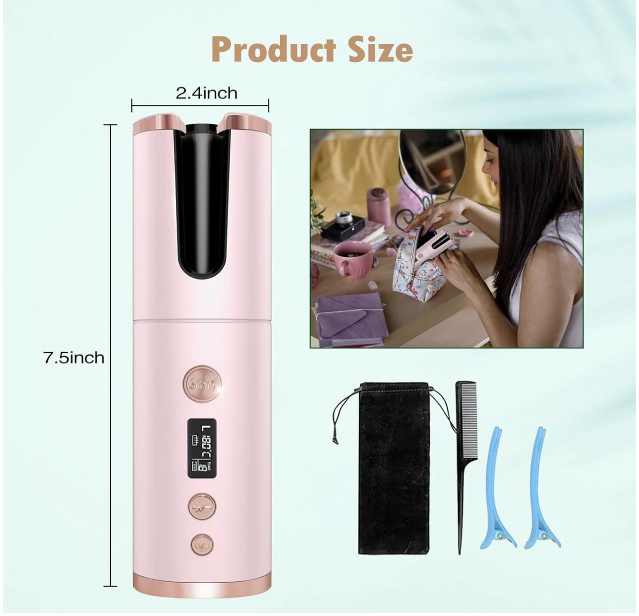 Cordless Automatic Hair Curler, Auto Curling Iron with LCD Display Adjustable Temperature & Timer, Ceramic Hair Curler USB Charging and Rechargeable, Portable Hair Styler for Travel (Pink)