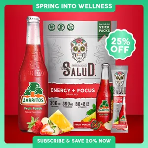 Salud x Jarritos 2-in-1 Energy Drink Powder + Focus, Fruit Punch, Organic Caffeine, B6 + B12, Theanine, Clean Energy Drink Packets, Non-GMO, Gluten Free, Vegan, 1g of Sugar, (15 Servings)