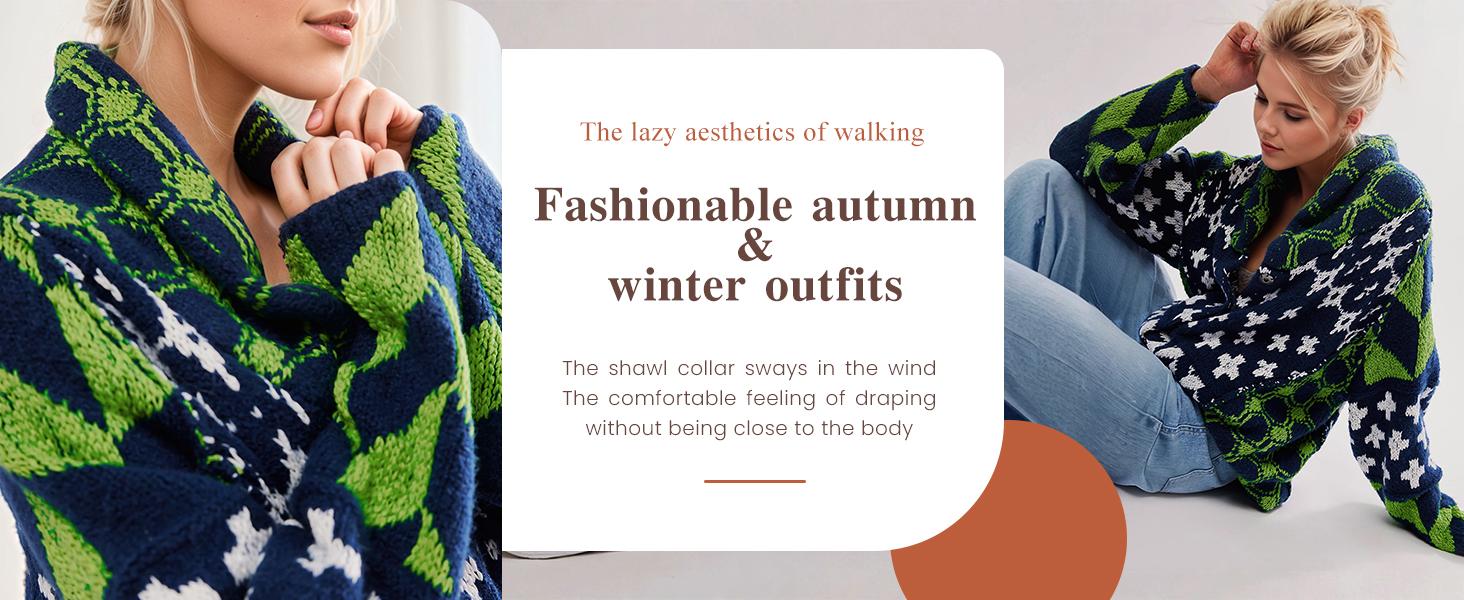Naeduo Women's Fall Argyle Knit Sweater Cardigan Oversized Y2K Graphic Button Down Collar Soft Breathable Fabric Adjustable Fit Street Style Casual Geometric Vneck Knitting Fitted Tops