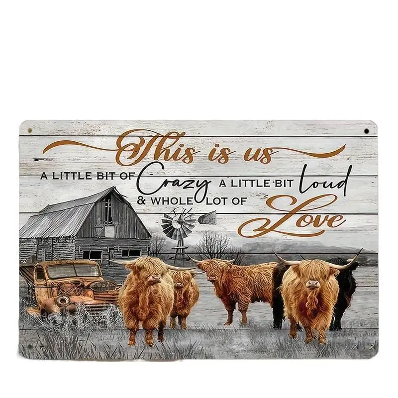 Highland Cow Family Farmhouse Wall Decor - Rustic Metal Sign with Barn & Vintage Truck, Printed with the Quote "A little crazy, a little loving" - Durable Aluminum Hanging Plaque for property Living Room,  Country-Style Home Ornament Size 8×12 inches