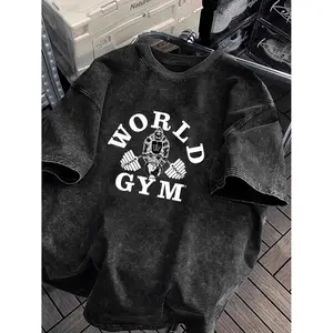 Hercules Letter Print Summer Men's Trendy Drop Shoulder Sleeve High-Quality Thickened Heavyweight Oversized Premium Washed Cotton Crew Neck Street Style Loose Hip-Hop Short-Sleeved Shirt