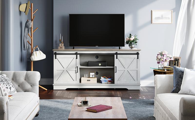 YITAHOME Farmhouse TV Stand for 65/60/55 Inch, Modern Entertainment Center with Sliding Barn Door, Wood TV Media Console Storage TV Cabinet for Living Room, 300lbs