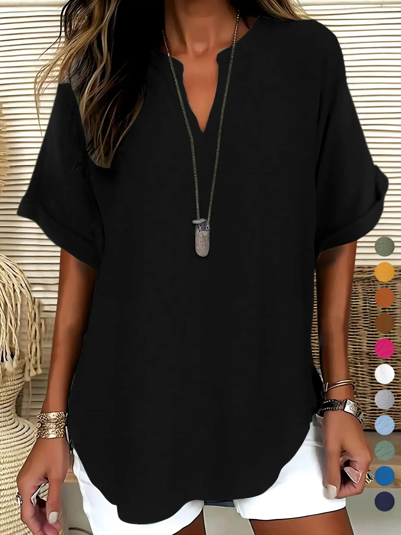 Elegant Minimalist Polyester V Neck Loose Fit Short Sleeve Blouse Shirt for Women, 100% Polyester, Regular Length, 145g/m², Casual Everyday Weekend Top Womenswear