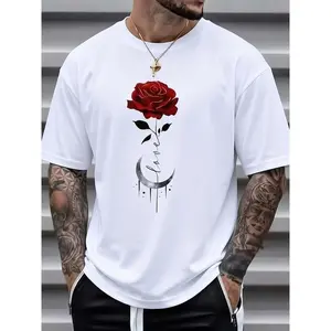 1 piece, 100% pure cotton rose print T-shirt for men, casual trendy all-season crew neck short-sleeve pure cotton T-shirt, streetwear luxury fashion T-shirt, Christmas, Halloween, and Thanksgiving gift.