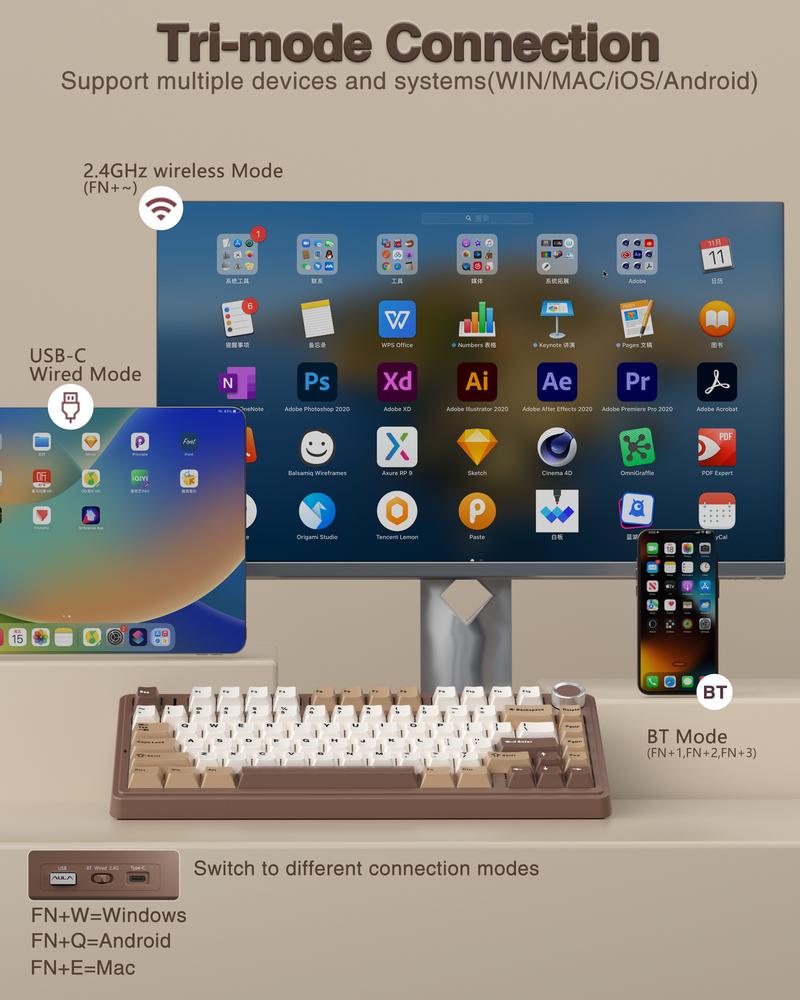 Aula F75 Mocha Brown 75% Wireless Mechanical Gaming Keyboard Pre-lubricated Linear Switches Tri-Mode Connection Hot-Swappable (3/5-Pin), RGB Backlight Volume Knob Creamy Sound Budget Keyboard