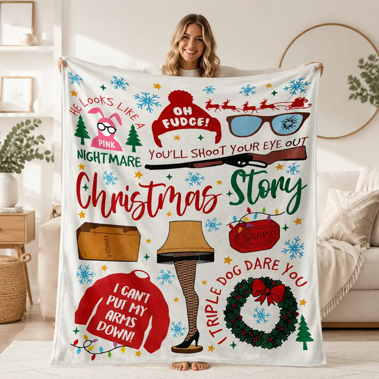 Christmas Blanket Cozy Winter Holiday Throw Blanket, Festive Snowflake Pattern Soft Flannel Fleece Blanket for Bedroom Living Room Sofa Decor, Warm Gift Idea for Family Friends