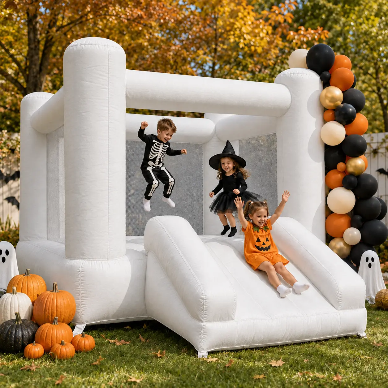 12ft White Inflatable Bounce House with Blower, Premium Oxford Cloth Castle Jumper Bouncer for Kids Halloween Spooky Party, Birthday Celebration & Outdoor Backyard Fun