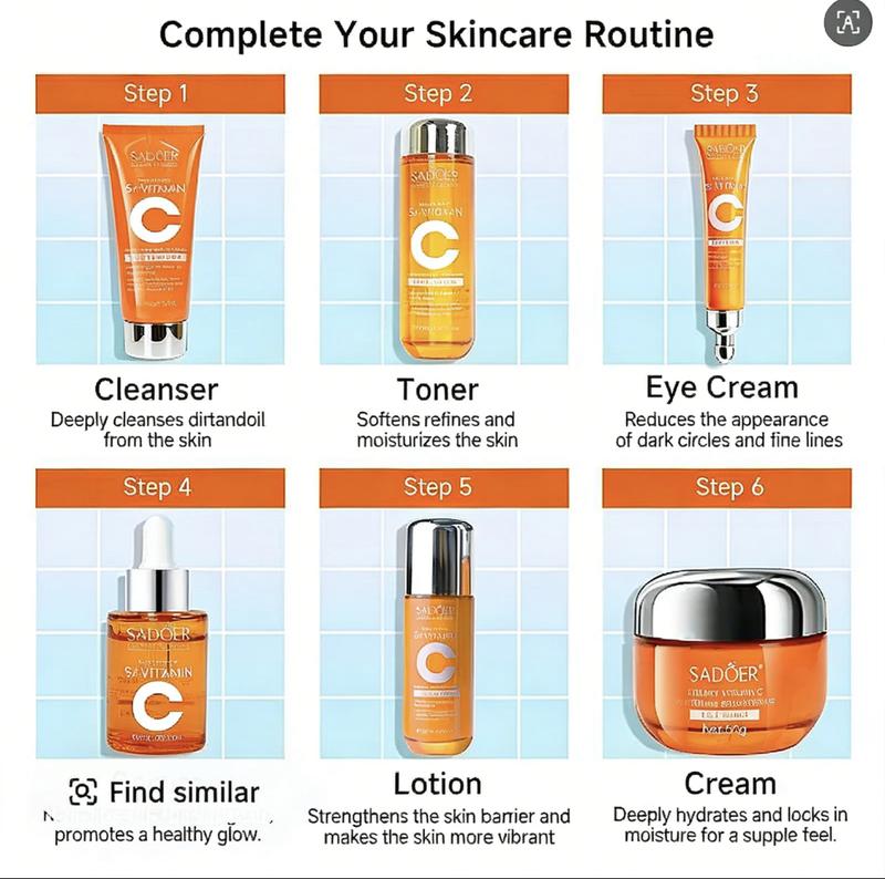 2026 Upgrade 5X Vitamin C Facial Care Set 6-Piece Pack with Cleanser Toner Face Serum Cream & Eye Cream Gentle Skin Cleaning Care Travel Size Kit  for Moisturizing, Brightening, Anti-wrinkle, Radiant Glow - Daily Skincare, Best Gift Daily