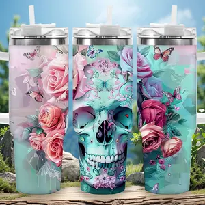 1pc 40oz Pastel Gothic Skull and Roses Tumbler with Lid, Insulated Travel Mug, Gift for Women Men, Ideal for Halloween, Independence Day, Memorial Birthday Gift, Coffee Cup, weird stuff