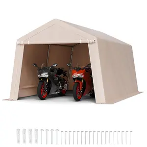【fathersdaygift】VEVOR Outdoor Storage Shed, 10 x 15 ft Portable Storage Tent with Roll-up Door, Waterproof Canopy Shed Shelter, Heavy Duty Frame, Patio Garage Carport for Motorcycle, Lawn Mower, Bike, Beige