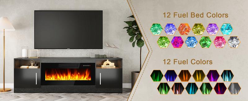 【2 Packages Shipping】Fireplace TV Stand Entertainment Center with Fireplace, Wooden TV Stand for TVs Up to 80",Media TV Console with High Gloss Storage Cabinet and 16 Colors LED Lights