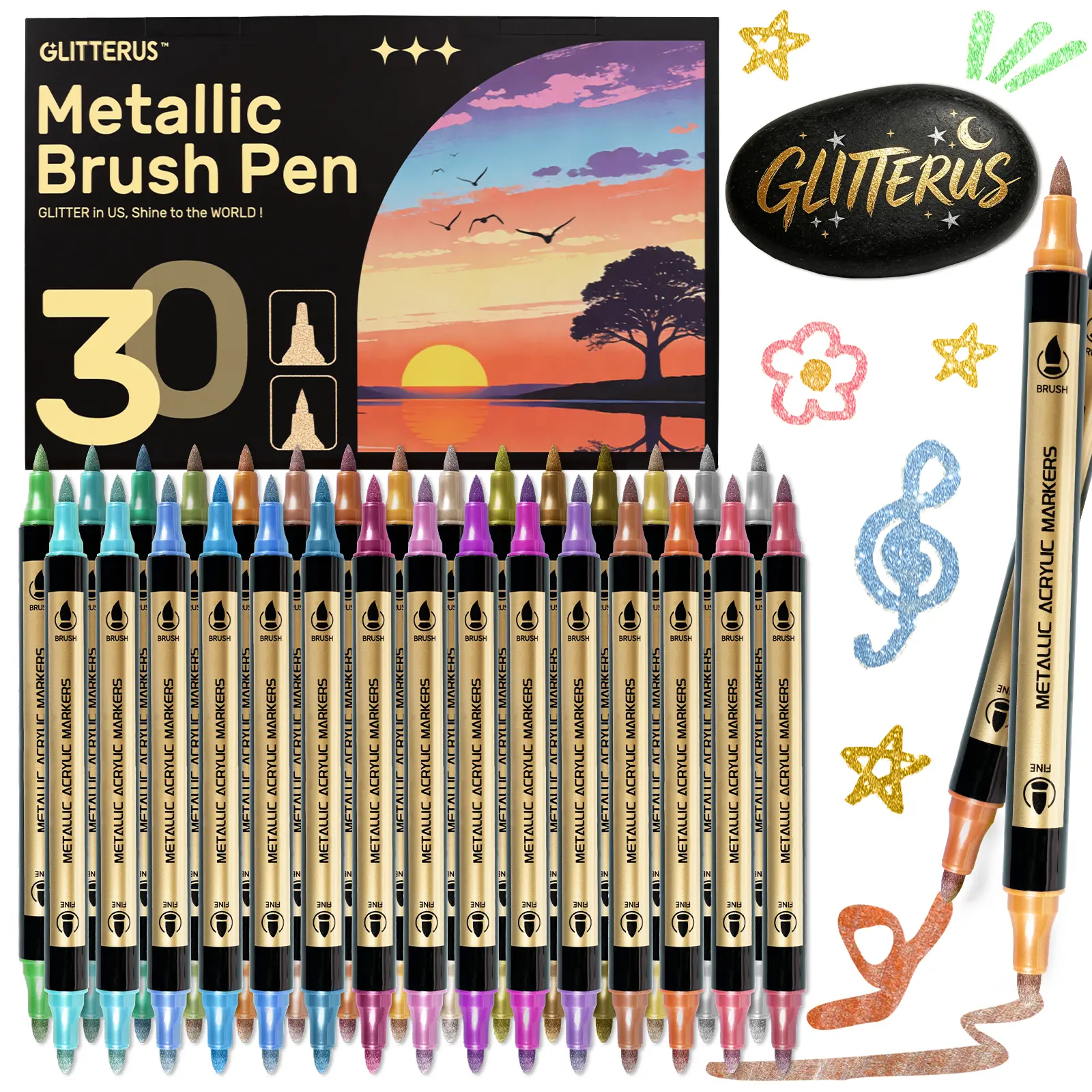 Glitterus Metallic Acrylic Paint Markers - Dual Brush & Fine Tips Art Pens for Fabric, Rock Painting, Ideal for Adults, Wedding Guest Book Decor, Scrapbooking Ideas, Sketchbook Ideas, Open Ended Play, Office Art Supplies, TikTok Shop Back to School Gifts,